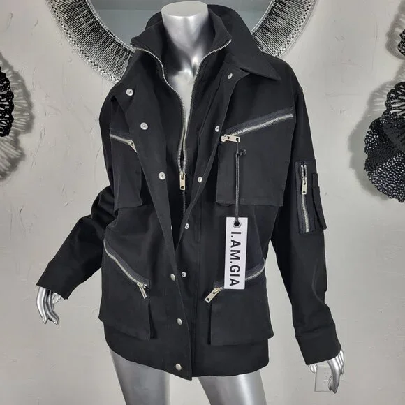 NWT~$295~I AM GIA~S/M~BLACK MILITARY UTILITY CARGO DENIM JEAN JACKET COAT - Picture 11 of 16